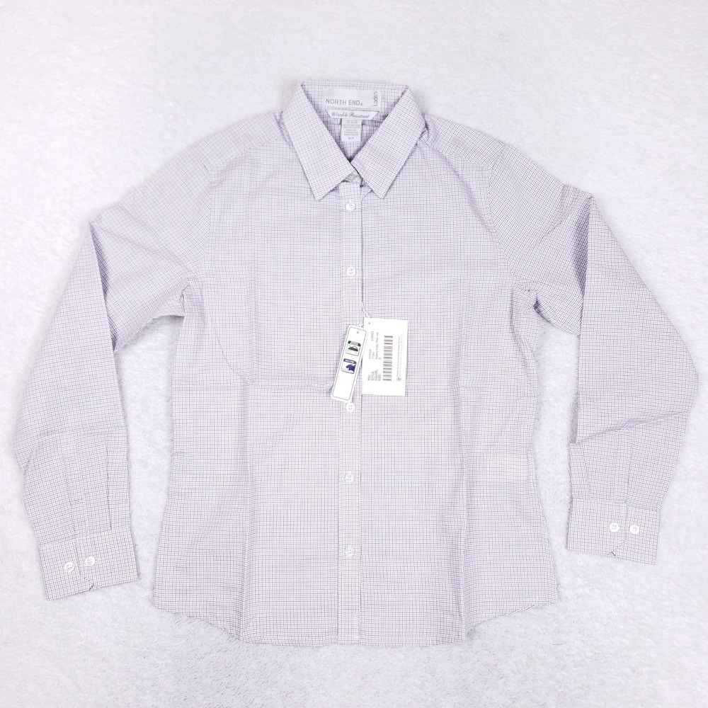 North End Women Button Up Shirt S Purple Grid Wrinkle Resistant Workwear